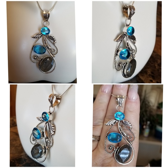Genuine Blue Topaz & Labradorite Pendant 2.90" - Picture 2 of 4